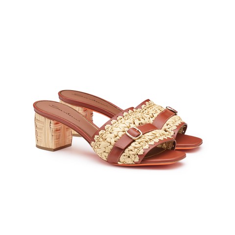 Women's brown leather and raffia mid-heel sandal - Santoni - 1