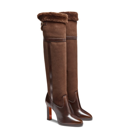 Women's dark brown leather and shearling high-heel boot - Santoni - 3