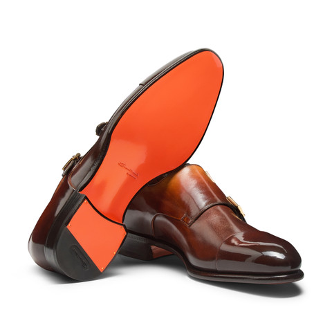 Men's orange leather double-buckle shoe - Santoni - 4