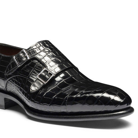 Chaussure à double boucle en alligator noir pour homme - Santoni - 5