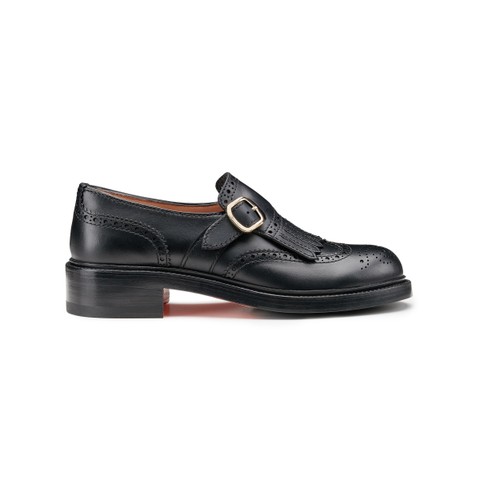 Women's black leather single monk strap shoe with frange - Santoni - 1