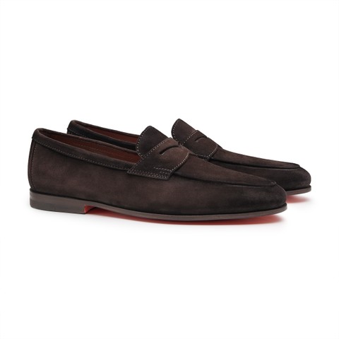 Men's dark brown suede Carlo penny loafer - Santoni - 3