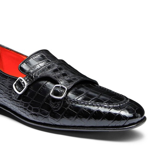 Men's black alligator leather double monk straps loafer - Santoni - 5