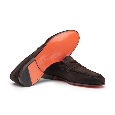 Men's dark brown suede Carlo penny loafer - Santoni - 4