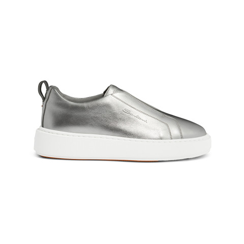 Women's silver laminated leather slip-on sneaker - Santoni - 1