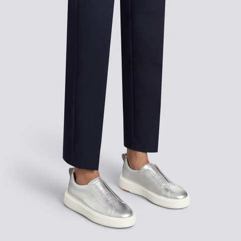 Women's silver laminated leather slip-on sneaker - Santoni - 2