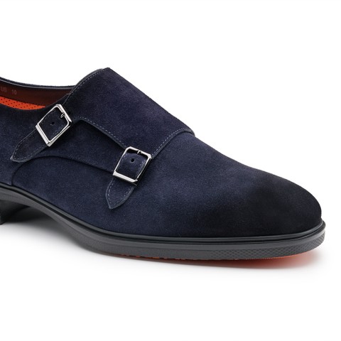 Men's blue suede Easy double monk straps shoe - Santoni - 5