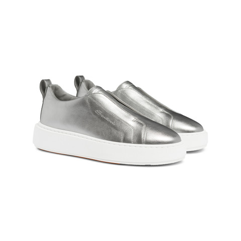 Women's silver laminated leather slip-on sneaker - Santoni - 3