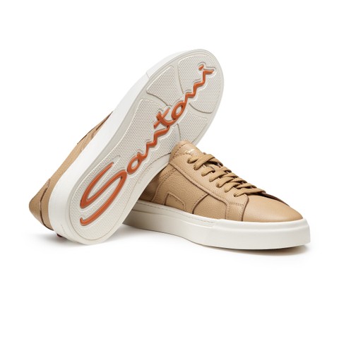Men's beige tumbled leather Double Buckle Sneaker - Santoni - 3
