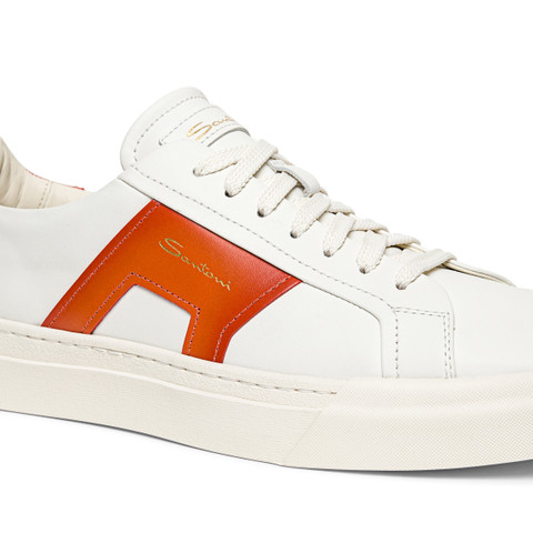 Men’s white and orange leather double buckle sneaker - Santoni - 6