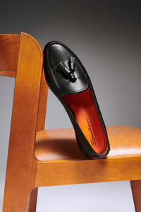 Men’s black leather Andrea tassel loafer - Santoni - editorial