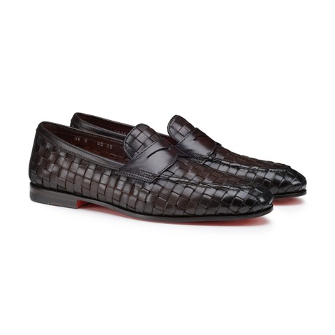 Men's dark brown woven leather Carlo penny loafer - Santoni - 3