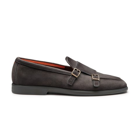 Men's grey suede double-monk loafer - Santoni - 1