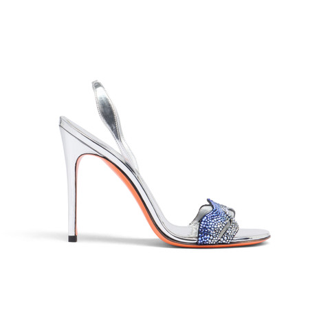 Women's silver laminated leather and crystals high-heel sandal - Santoni - 1
