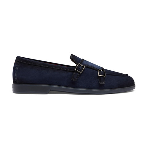 Men's blue suede double monk straps loafer - Santoni - 1