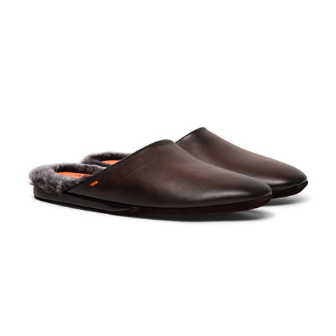 Men’s polished brown leather slipper - Santoni - 2