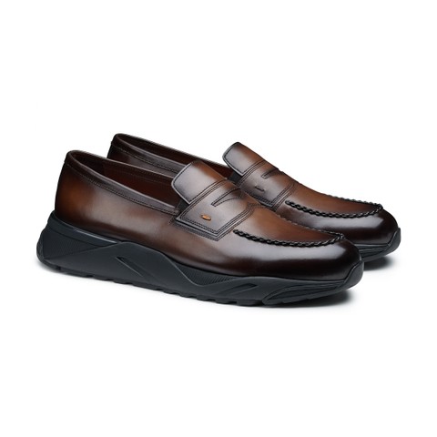 حذاء لوفر بيني رجالي من الجلد بلون بني داكن - Santoni - 1