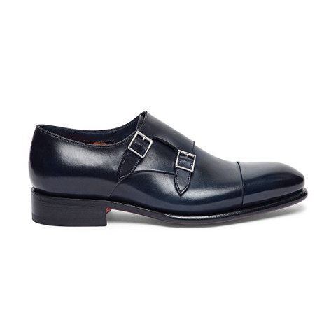 Men&rsquo;s polished blue leather double monk straps shoe - Santoni - 1
