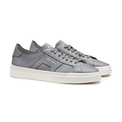 Men's grey tumbled leather Double Buckle Sneaker - Santoni - 3