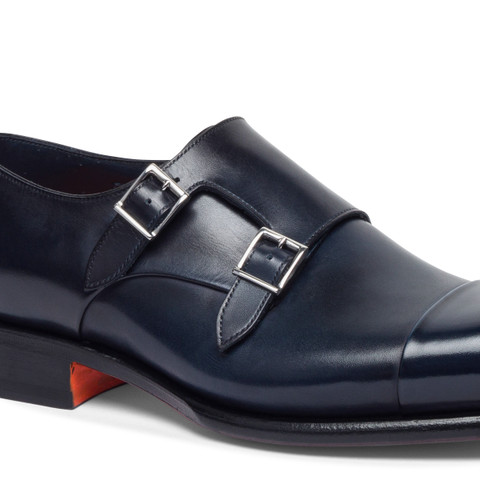 Men&rsquo;s polished blue leather double monk straps shoe - Santoni - 5