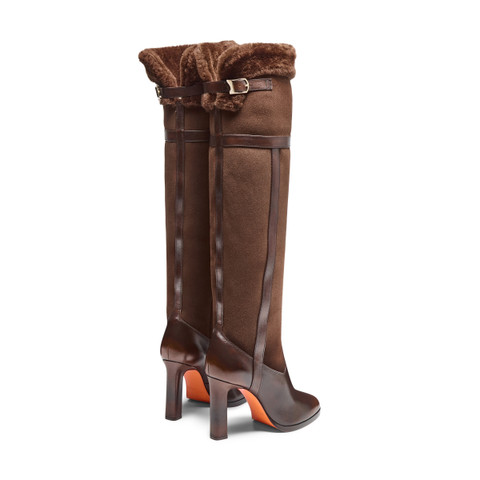 Women's dark brown leather and shearling high-heel boot - Santoni - 5