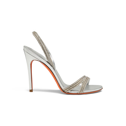 Women's silver laminated leather and crystals high-heel sandal - Santoni - 1