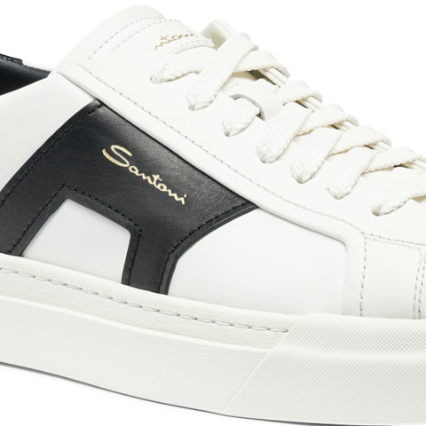 Men’s white and black leather double buckle sneaker - Santoni - 6