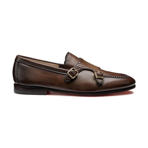 Men's dark brown leather double-monk loafer - Santoni - 1