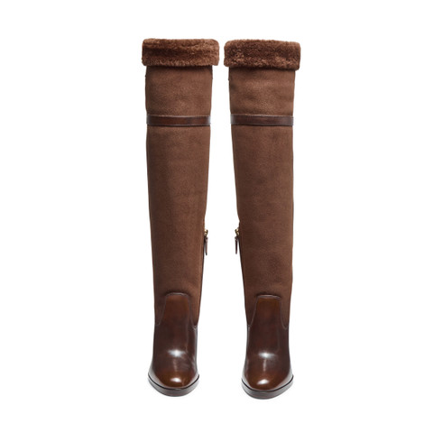 Women's dark brown leather and shearling high-heel boot - Santoni - 4