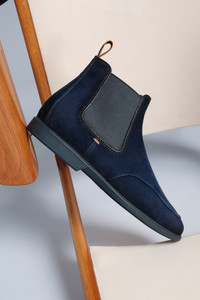 Men’s blue suede Chelsea boot - Santoni - editorial