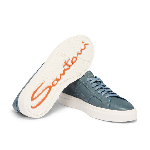 Men's light blue tumbled leather Double Buckle Sneaker - Santoni - 3