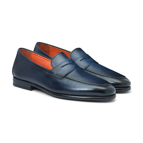 Men's blue leather Carlo penny loafer - Santoni - 3
