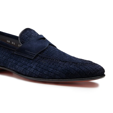 Men's blue woven suede Carlo penny loafer - Santoni - 4