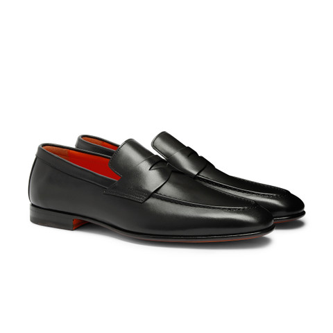 Men's polished black leather penny loafer - Santoni - 3