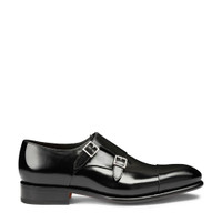 Men's polished black leather double monk straps shoe - Santoni - 1