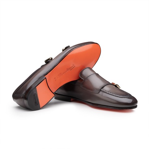 Men's brown leather double-monk loafer - Santoni - 4