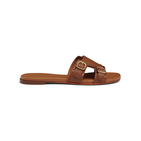 Women's brown tumbled leather double-buckle Didi slide sandal - Santoni - 1