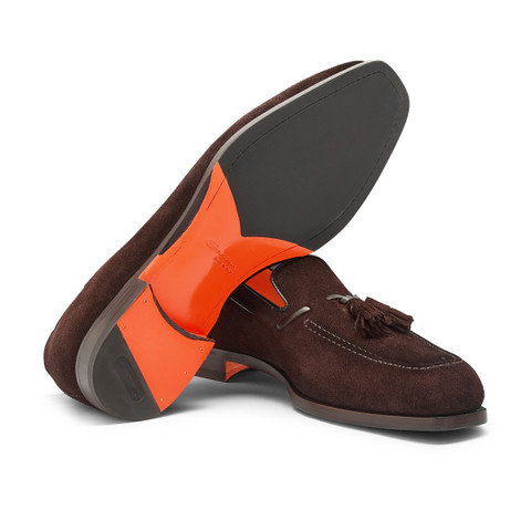 Men&rsquo;s dark brown suede and leather tassel loafer - Santoni - 4