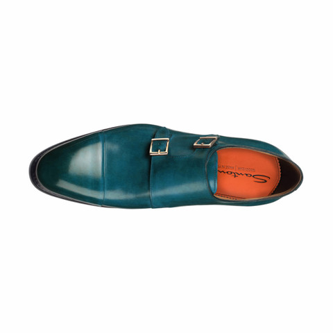 Men's dark blue-green leather double-buckle shoe - Santoni - 4.0