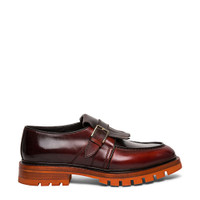 Men&rsquo;s polished orange leather single-buckle shoe with fringe - Santoni - 1