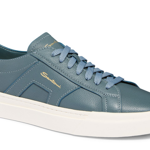 Men's light blue tumbled leather Double Buckle Sneaker - Santoni - 5