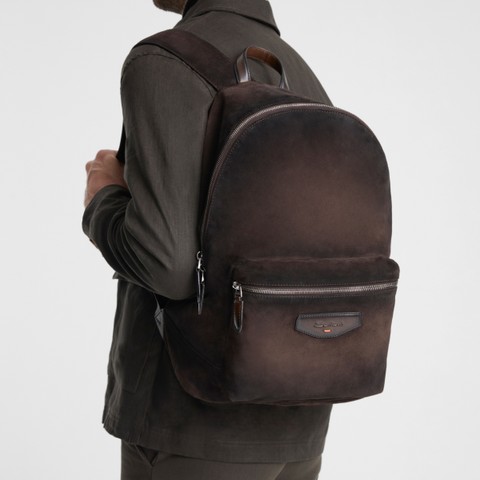 Dark brown suede and leather backpack - Santoni - 2