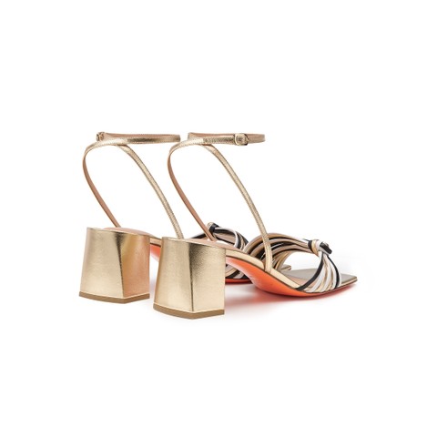 Women's gold, black and white leather mid-heel sandal - Santoni - 3