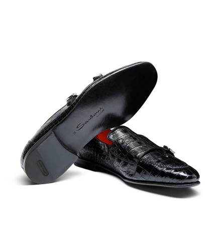 Mocassin à double boucle en alligator noir pour homme - Santoni - 3