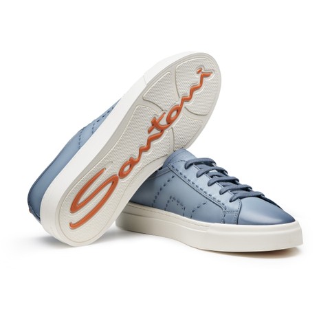 Men's light blue leather Double Buckle Sneaker - Santoni - 3