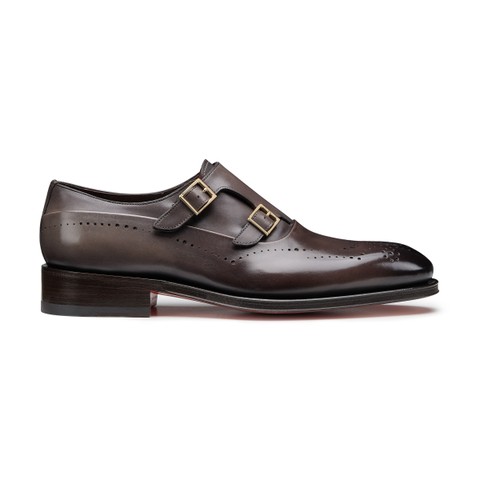 Men's brown leather double monk straps brogue shoe - Santoni - 1