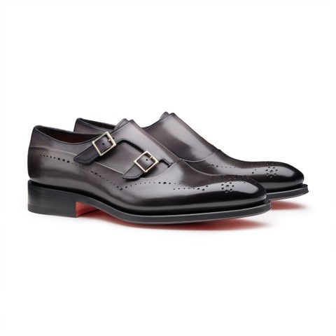 Men's grey leather double-monk brogue shoe - Santoni - 2