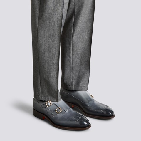 Men's grey leather double-monk brogue shoe - Santoni - 2