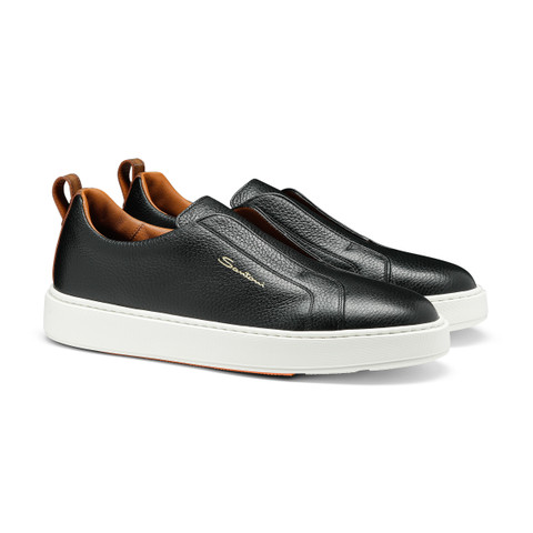 Men's black tumbled leather slip-on sneaker - Santoni - 2