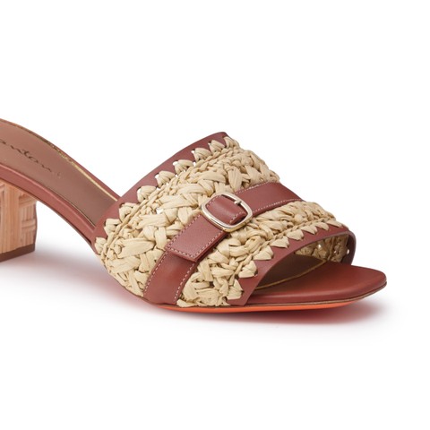 Women's brown leather and raffia mid-heel sandal - Santoni - 4